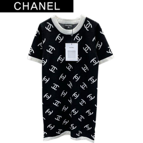 CHANEL-07207 샤넬 블랙 니트 코튼 로고 장식 드레스