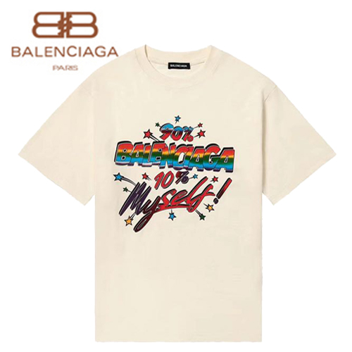 BALENCIAGA-07051 발렌시아가 아이보리 프린트 장식 티셔츠 남성용