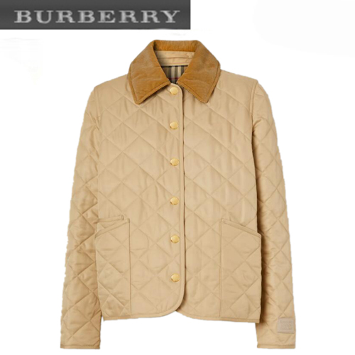 BURBERRY-80382441 버버리 베이지 코듀로이 칼라 다이아몬드 퀼팅 재킷 여성용